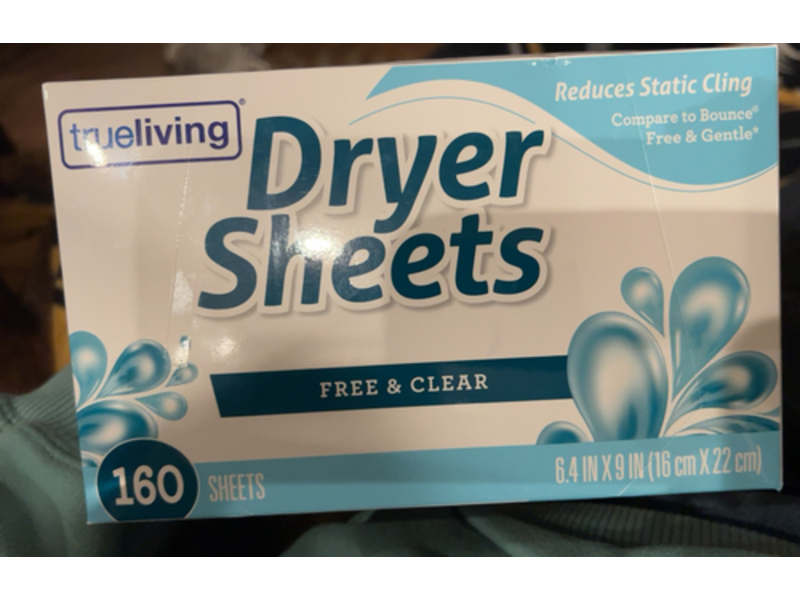 Trueliving Dryer Sheets, Free & Clear, 160 Count