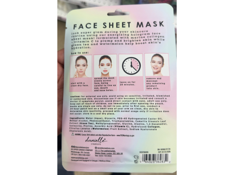 Danielle Creations Energizing Hologram Face Mask, Green Tea + Watermelon, 0.88 oz/25 g