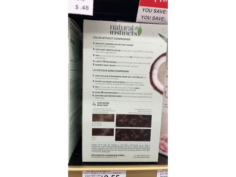 Clairol Natural Instincts Non-Permanent Hair Color, 4 Dark Brown, 1 ct