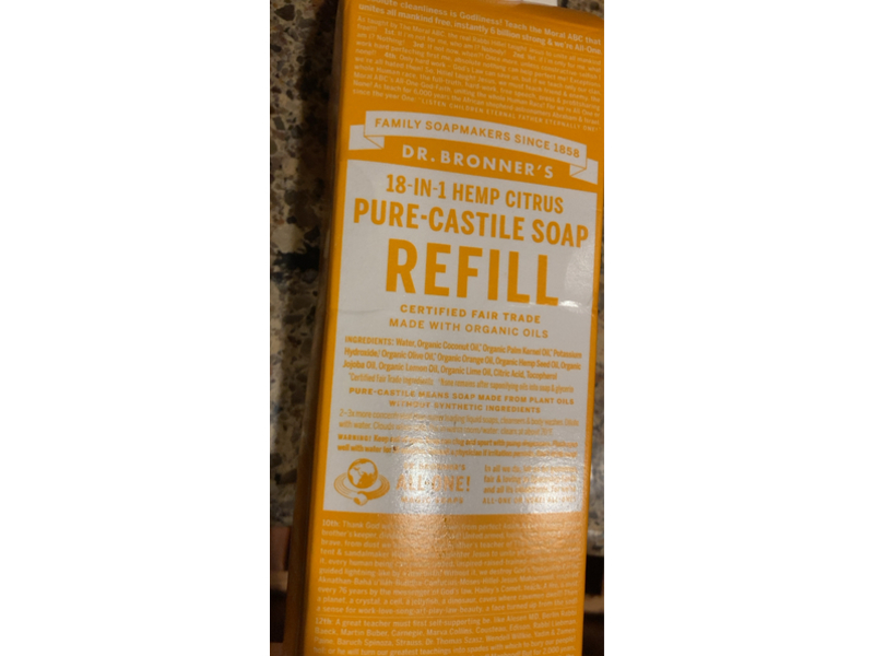 Dr. Bronner's 18 In 1 Pure Castile Liquid Soap Refill, Hemp Citrus, 32 fl oz/946 mL