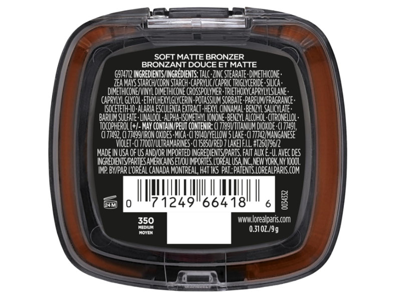 L'Oreal Paris Infallible Fresh Wear Soft Matte Finish Bronzer Bronzante, 350 Medium Moyen, 0.31 oz/9 g