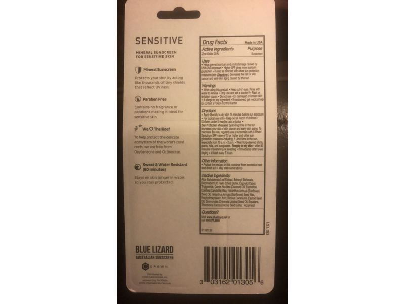 Blue Lizard Sensitive Mineral Sunscreen Stick, SPF 50, 0.5 oz/14 g