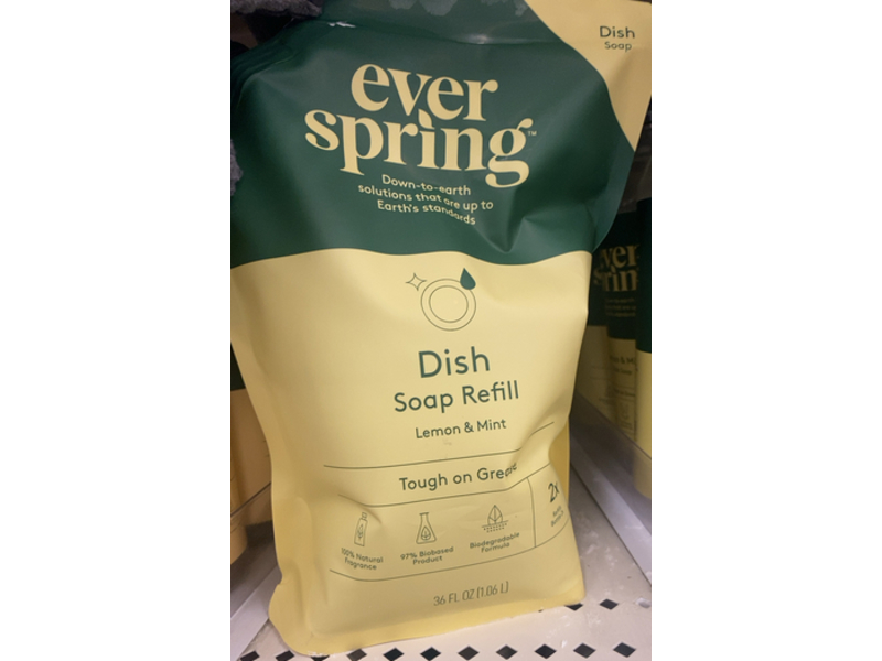 Ever Spring Tough On Grease Dish Soap Refill, Lemon & Mint, 36 fl oz/1.06 L