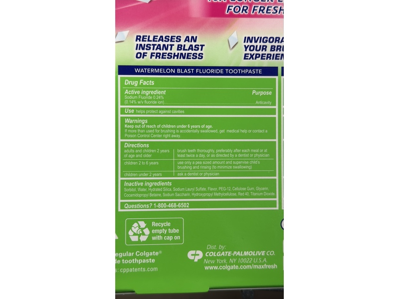 Colgate MaxFresh Toothpaste, Watermelon Blast, 4.8 fl oz/136 g