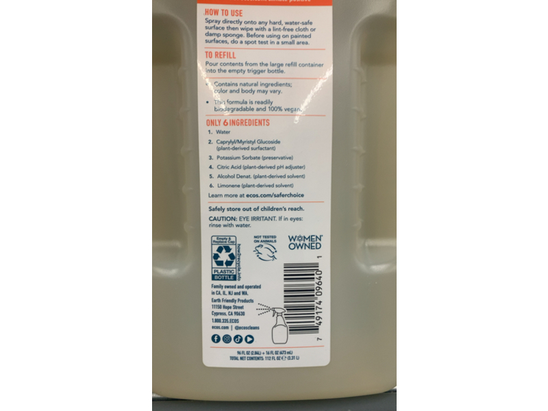 Ecos All Purpose Cleaner, Orange, 112 fl oz/3.31 L