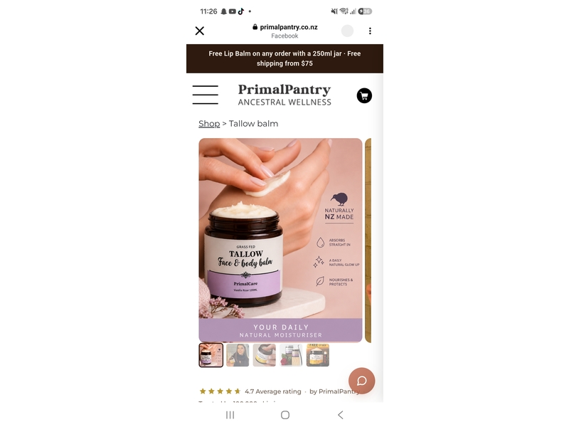 Primal Care Grass Fed Tallow Face & Body Balm, Vanilla Rose, 120 mL