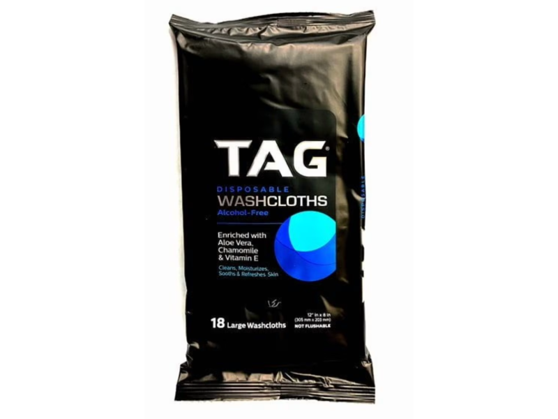 Tag Disposable Washcloths, Aloe Vera, Chamomile & Vitamin E, 18 Count, Pack Of 2