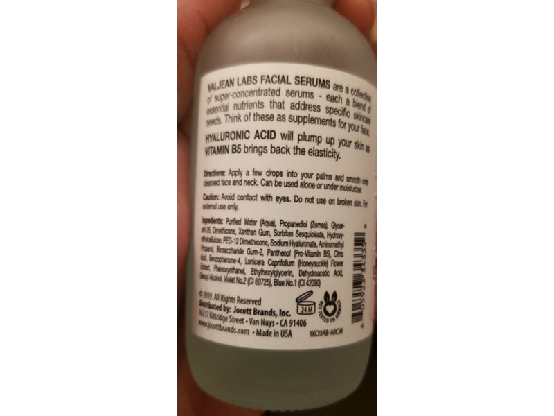 Valjean Labs Hydrate Facial Serum, Hyaluronic Acid + Vitamin B5, 1.83 fl oz/54 mL