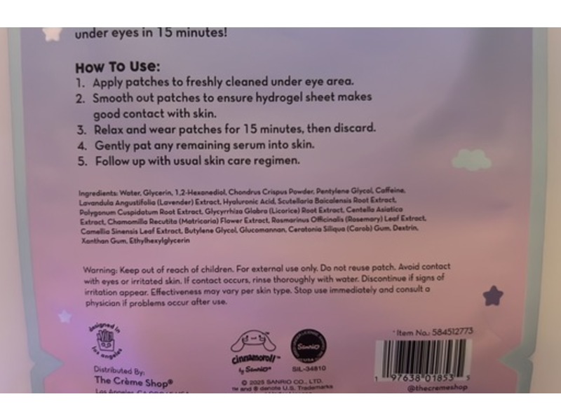 The Creme Shop X Hello Kitty And Friends Calming Hydrogel Under Eye Patches, Lavender, Caffeine, 2 Patches