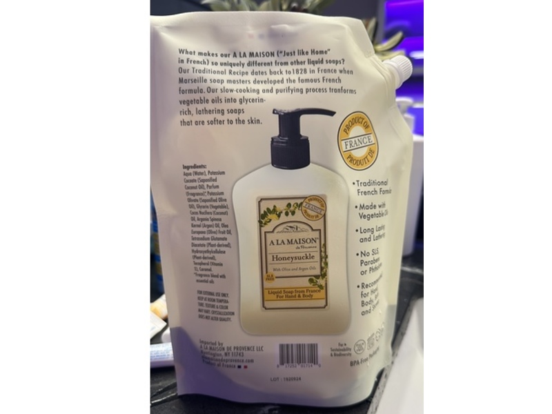 A La Maison De Provence Honeysuckle Hand & Body Liquid Soap, Olive & Argan Oils, 33.8 fl oz/1 L