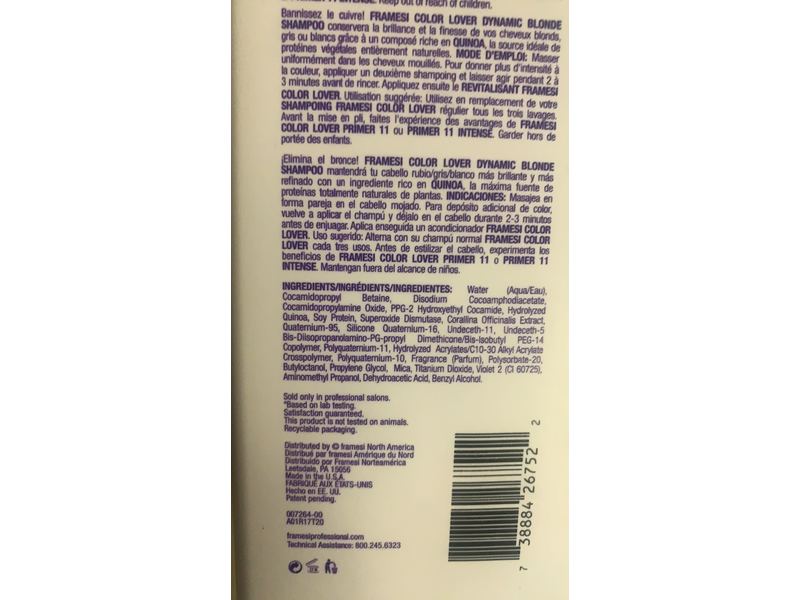 Framesi Color Lover Violet Shampoo, Dynamic Blonde, 33.8 fl oz/1000 mL