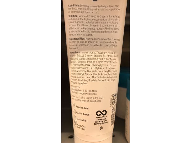 Now Solutions Vitamin E Cream, Intense Moisture, 28000 Iu, 4 fl oz/118 mL