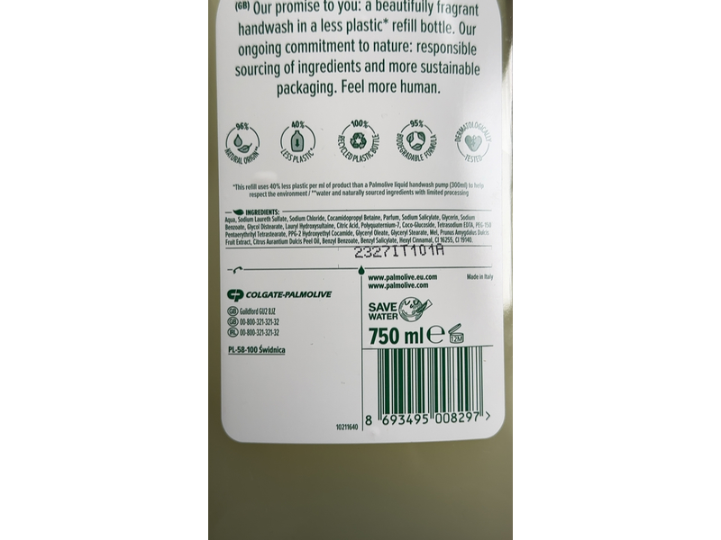 Palmolive Naturals Handwash Cream Eco Refill, Milk & Honey, 750 mL