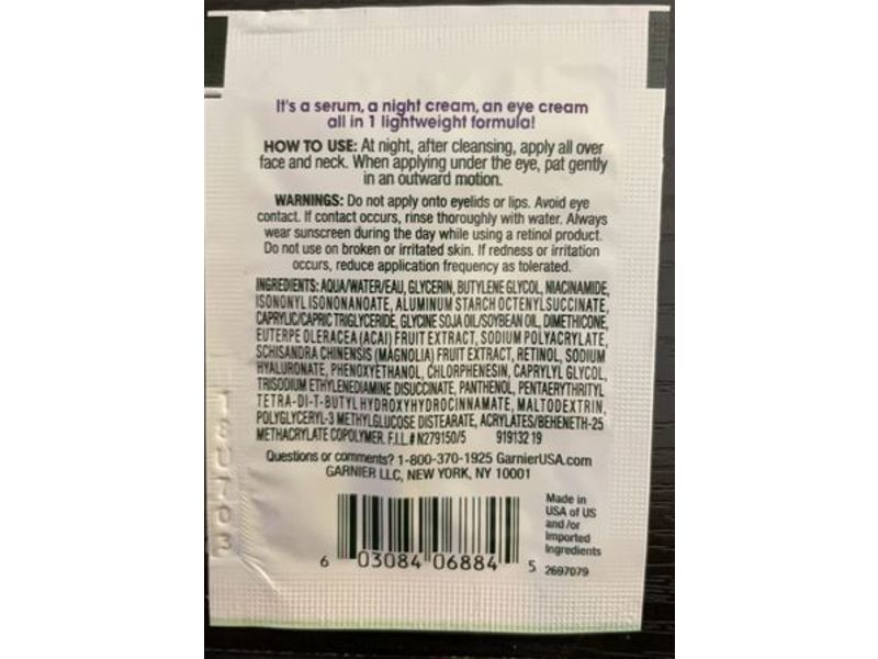 Garnier Line Smoothing Serum Cream, Retinol +Berry, 0.05 fl oz/1.5 mL