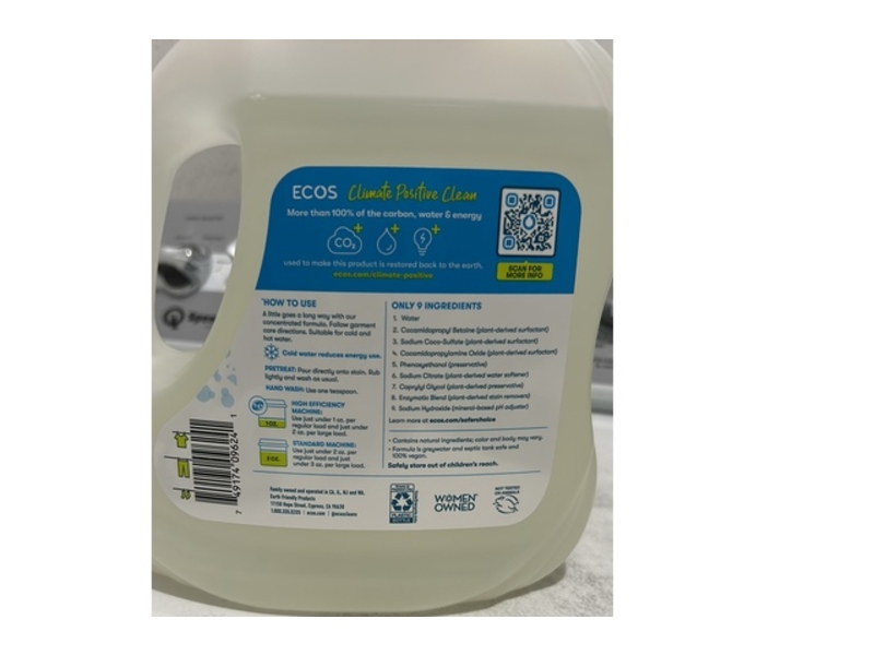 Ecos Plant-Powered Laundry Detergent, Free & Clear, 120 Loads, 110 fl oz/3.25 L