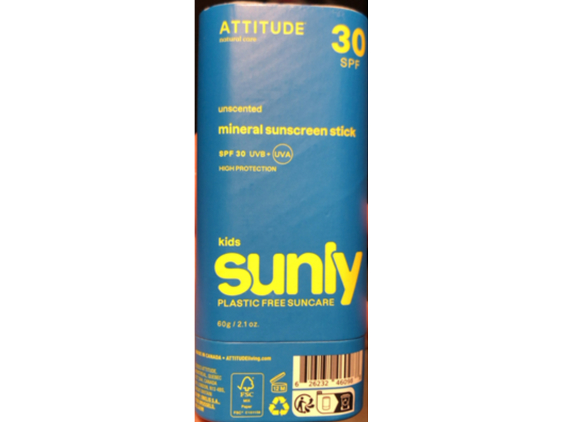 Attitude Natural Care Kids Sunly Mineral Sunscreen Stick, SPF 30, 2.1 oz/60 g