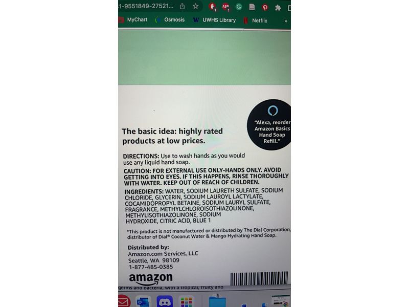 Amazon Basics Liquid Hand Soap Refill, Mango and Coconut Water Scent, Triclosan-Free, 56 Fluid Ounces, Pack of 1