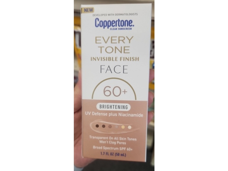 Coppertone Every Tone Invisible Finish Face Clear Sunscreen, SPF 60+, Brightening, 1.7 fl oz/50 mL