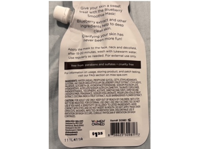 Miss Spa Smoothie Mask, Blueberry, 1.18 fl oz/35 mL