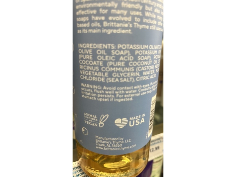 Brittanie's Thyme Pure Castile Soap, Unscented, 32 fl oz/946 mL, Pack Of 2