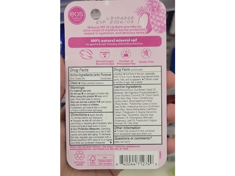 eos Natural Lip Balm, SPF 15, Pineapple Coconut, 0.14 oz/4 g