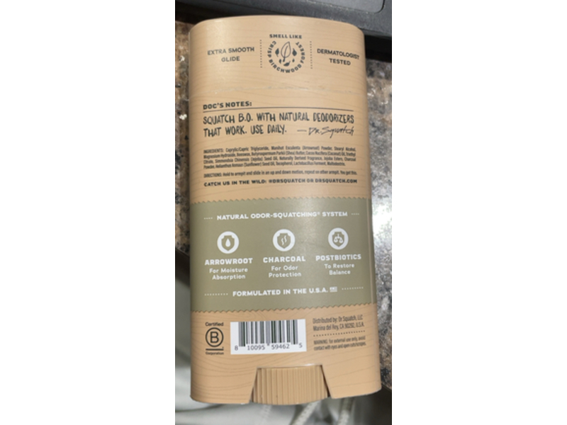 Dr.Squatch Odor Squatching Deodorant, Birchwood Breeze, 2.65 oz/75 g