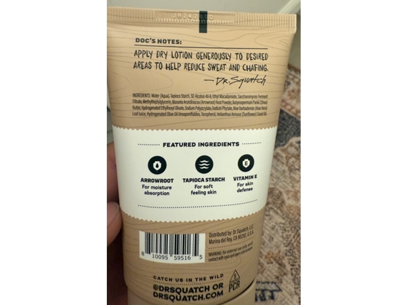 Dr Squatch Mens Natural Ball Barrier Dry Lotion, Unscented, 3.4 fl oz/100 mL, Pack Of 2