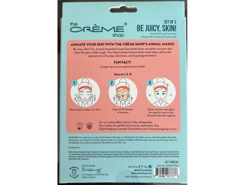 The Creme Shop Be Juicy, Skin! Animated Corgi Face Mask, Niacinamide, 2.65 oz/75 g, Pack Of 3