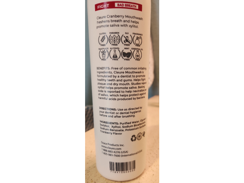 Cleure Cranberry Mouthwash, 16 fl oz/474 mL