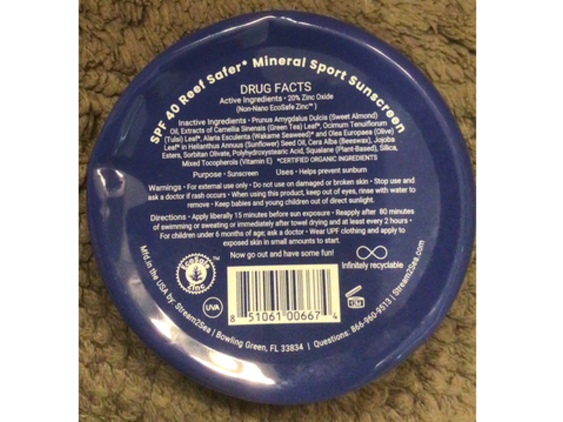 Stream 2 Sea Reef Safer Mineral Sport Sunscreen, SPF 40, 2.8 oz/80 g