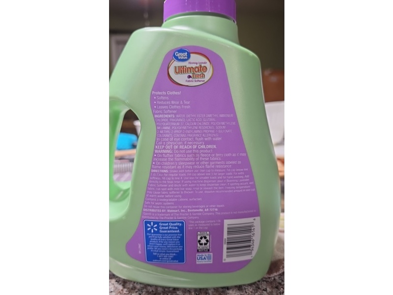 Great Value Ultimate Fresh Fabric Softener, Blooming Lavender, 100 fl oz/2.95 L, 136 Loads