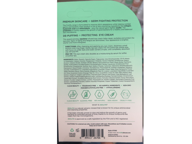 Fortify Natural De-Puffing + Protecting Eye Cream, Collagen + Hyaluronic Acid & Squalane, 1.0 fl oz/30 mL