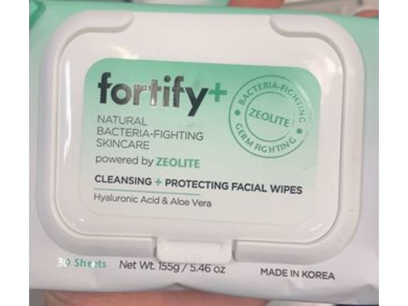 Fortify+ Cleansing + Protecting Facial Wipes, Hyaluronic Acid & Aloe Vera, Zeolite, 5.46 oz/155 g, 30 Count