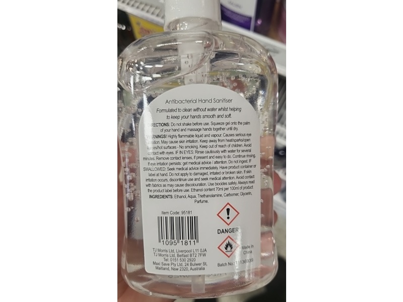 TJ Morris Anti Bacterial Hand Sanitiser, 70% Ethanol, 500 mL