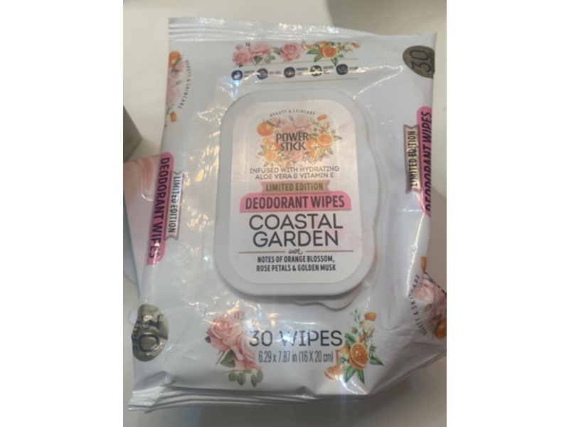 Power Stick Coastal Garden Deodorant Wipes, Orange Blossom, Rose Petals & Golden Musk, 30 Count