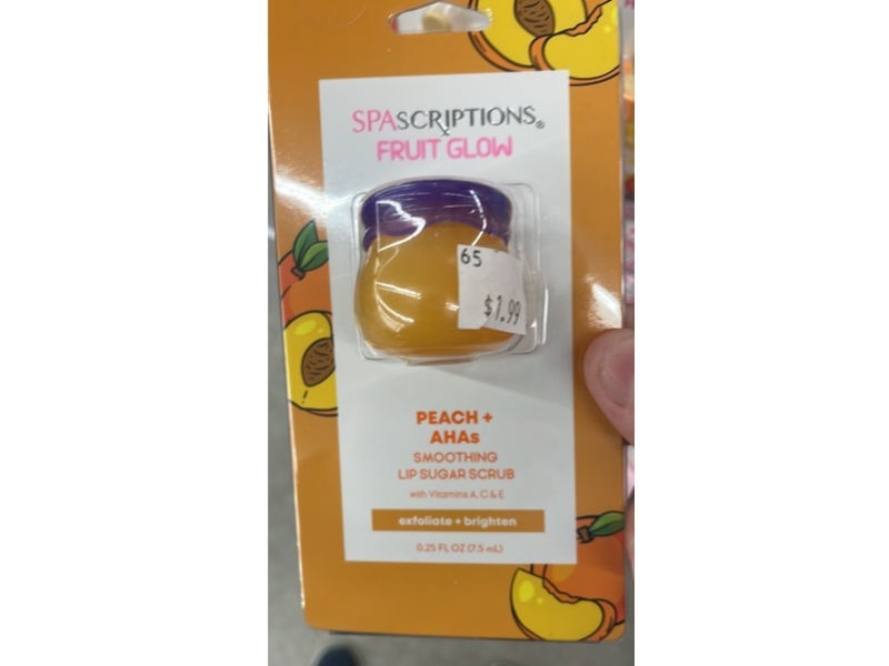 Spascriptions Fruit Glow Smoothing Lip Sugar Scrub, Peach+AHAs, 0.25 fl oz/7.5 mL