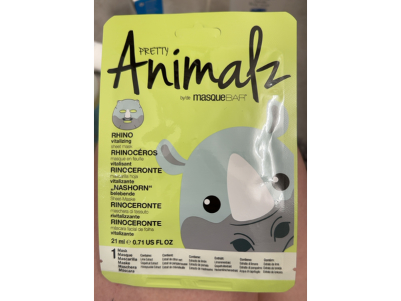 Masque Bar Pretty Animalz Rhino Vitalizing Sheet Mask, 0.71 fl oz/21 mL