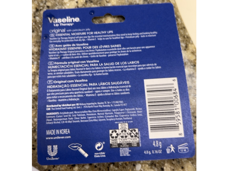 Vaseline Lip Therapy, Original, 0.16 oz/4.8 g, Pack Of 4