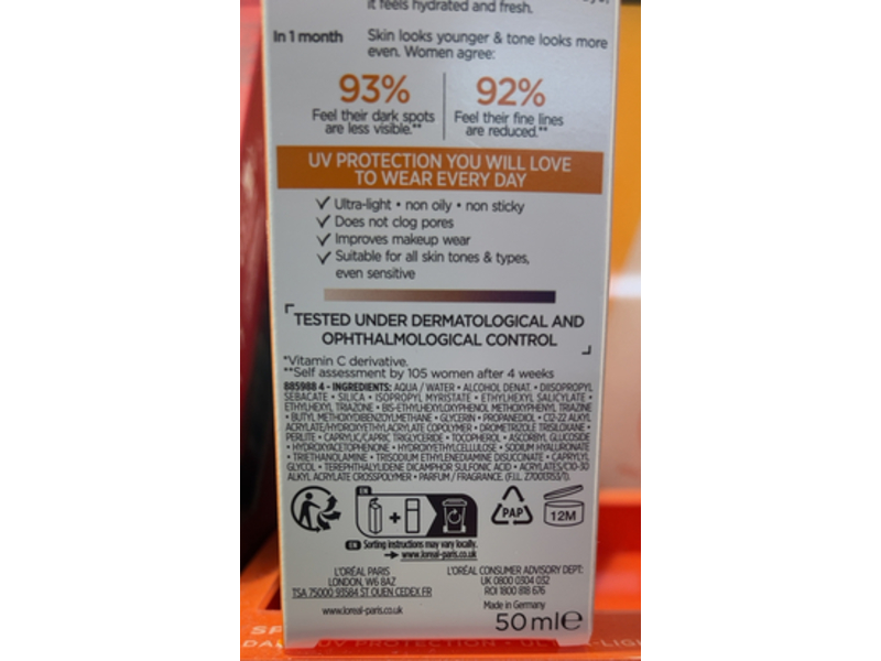 L'oreal Paris Revitalift Clinical Daily Anti - UV Fluid, SPF 50+, + Antioxidant Vitamin C, 50 mL