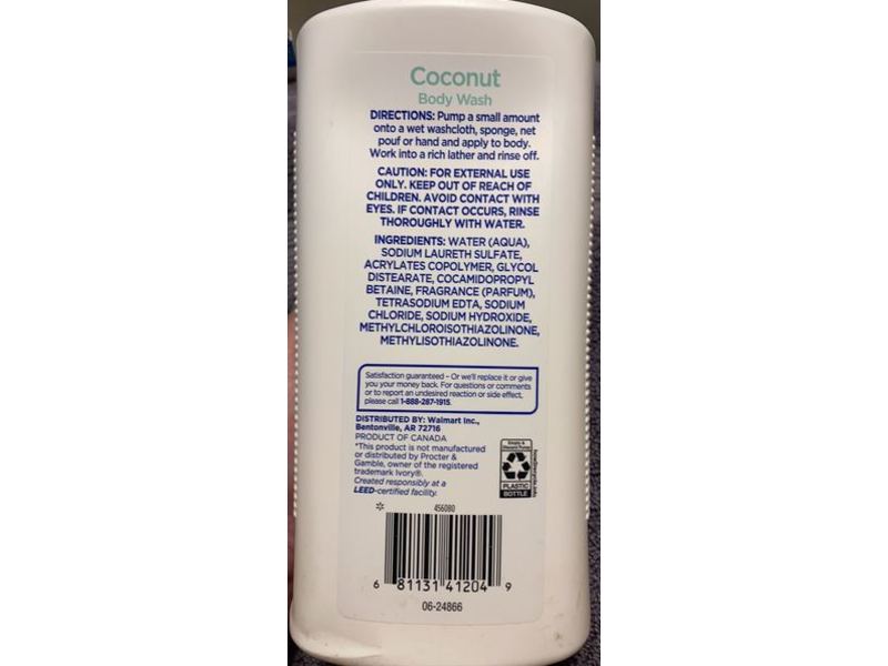 Equate Body Wash, Coconut, 30 fl oz/887 mL