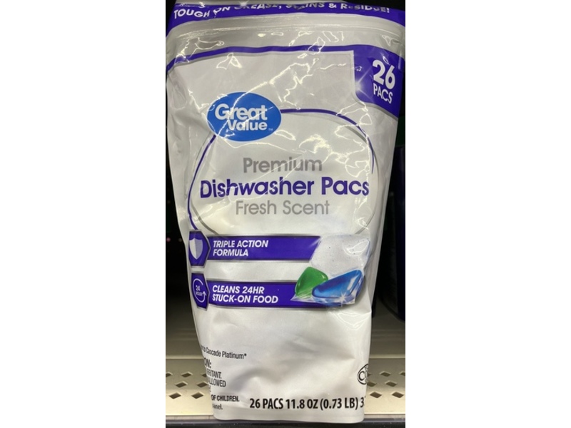 Great Value Premium Dishwasher Pacs, Fresh Scent, 11.8 oz/335 g, 26 Count