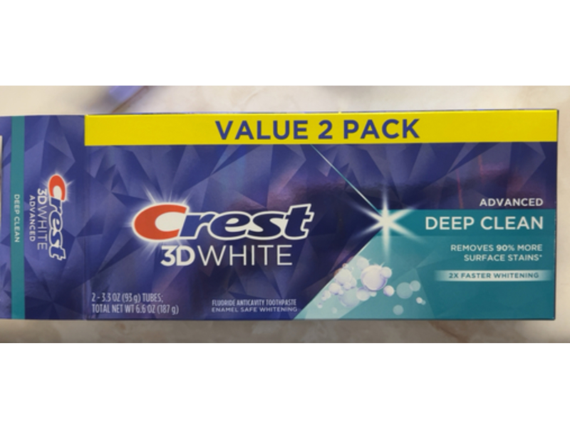 Crest 3D White Advanced Faster Whitening Toothpaste, Deep Clean, 6.6 oz/187 g, Pack Of 2