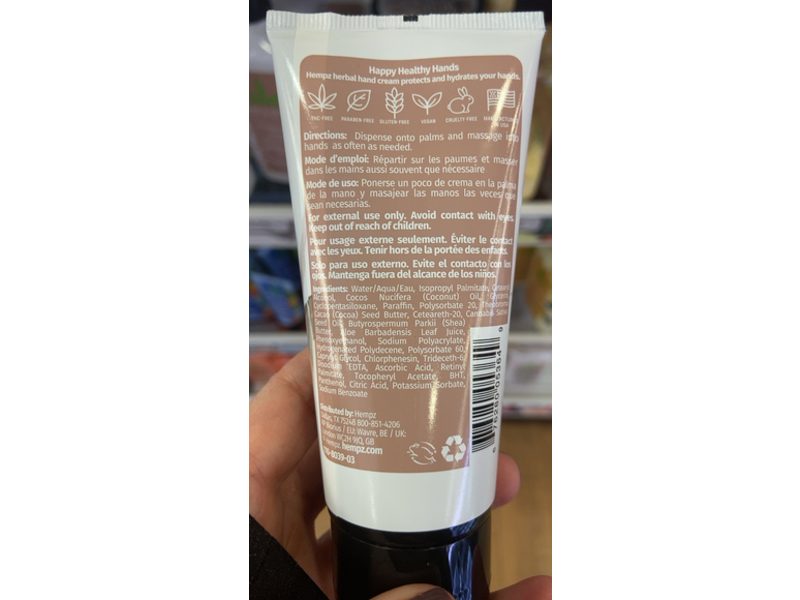 Hempz Herbal Hand Cream, 100% Pure Natural Hemp Seed Oil & Shea Butter, 3 fl oz/89 mL