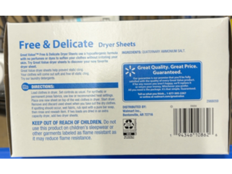 Great Value Dryer Sheets, Free & Delicate, 180 Count