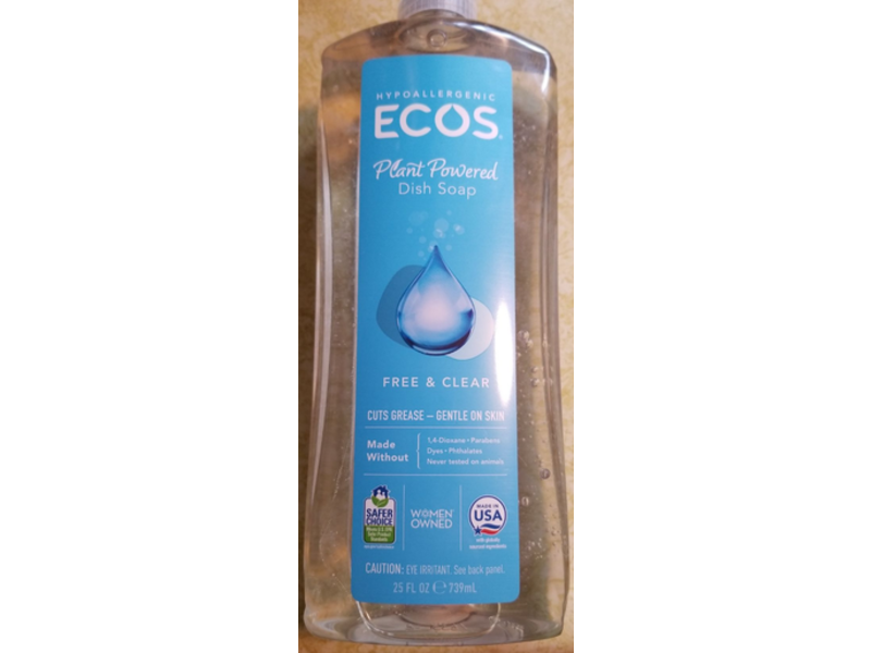 Ecos Plant Powered Dish Soap, Free & Clear, 25 fl oz/739 mL