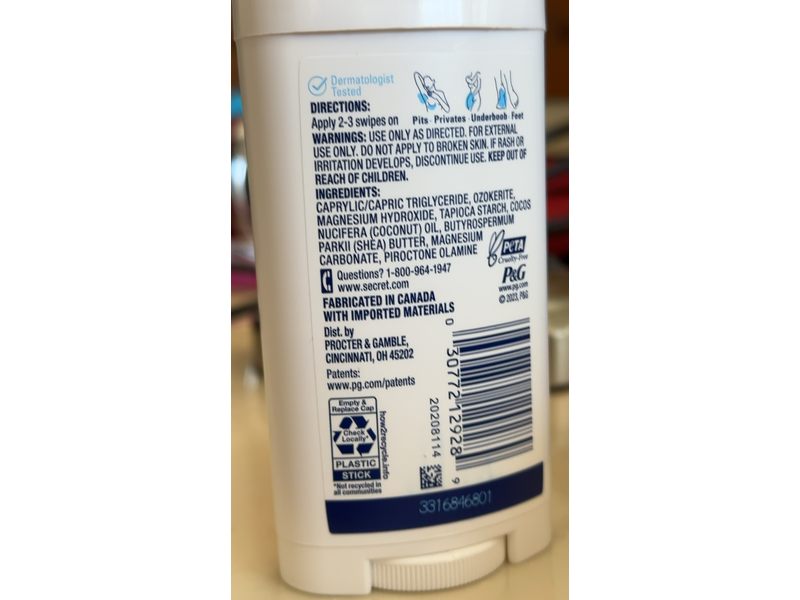 Secret Whole Body Deodorant, Unscented, 2.4 oz/68 g