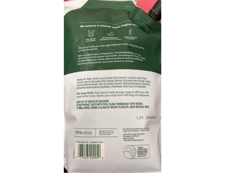 Ever Spring Dish Soap Refill, Free & Clear, 36 fl oz/1.06 L