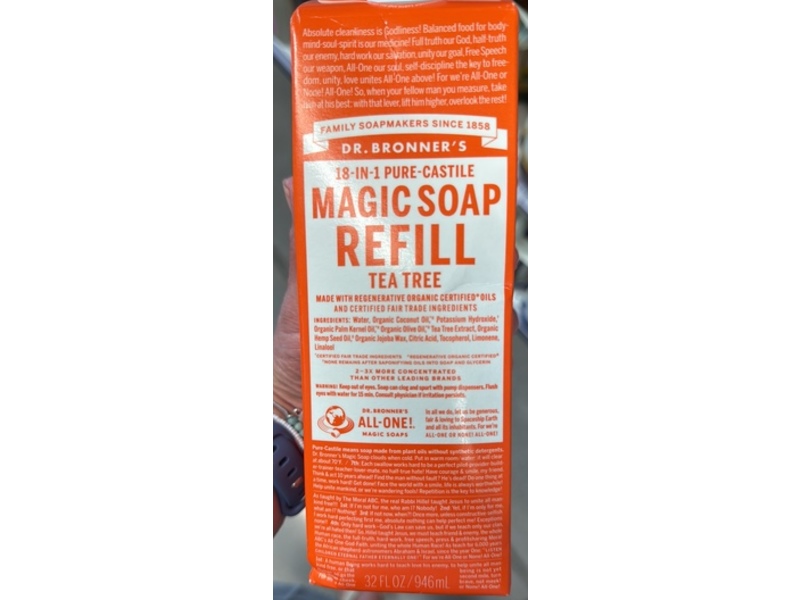 Dr. Bronner's 18-In-1Pure-Castile Magic Soap Refill, Tea Tree, 32 fl oz/946 mL
