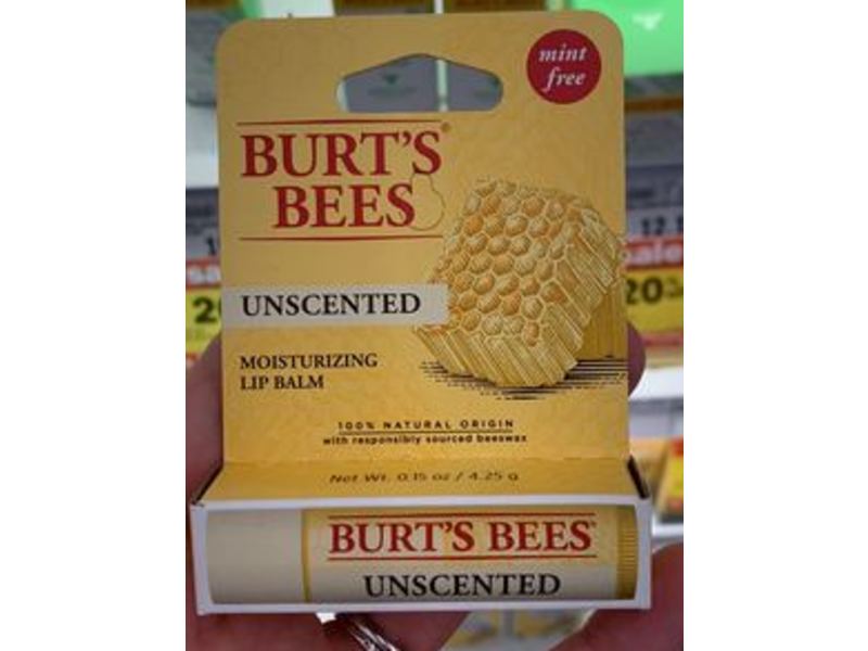 Burt's Bees Moisturizing Lip Balm, Unscented, Mint Free, 0.19 oz/4.25 g
