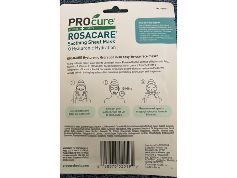 PROcure Rosacare Soothing Sheet Mask, Hyaluronic Hydration, 0.845 fl oz/25 mL, Pack Of 5